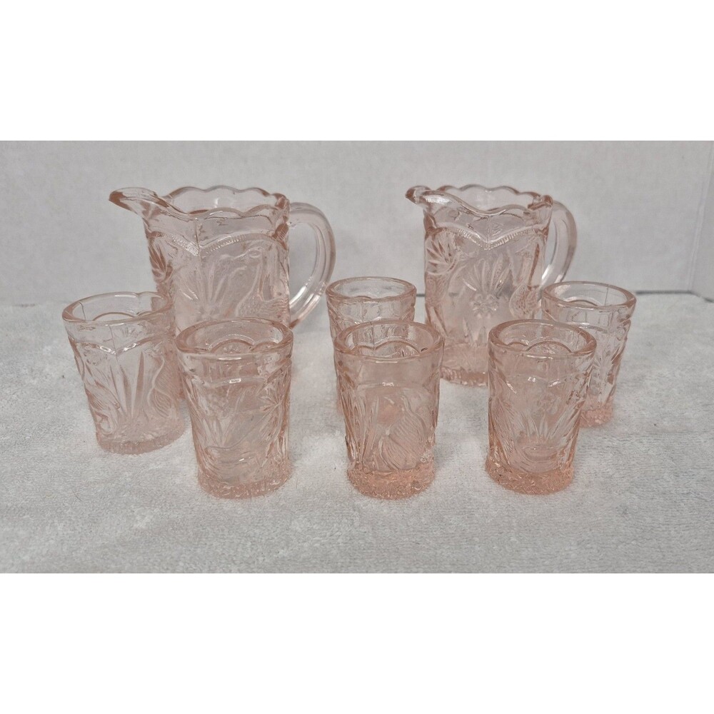 Vintage Summit Miniature Pitchers And Tumblers Pink Glass Peacock Bird 8 Pc Set